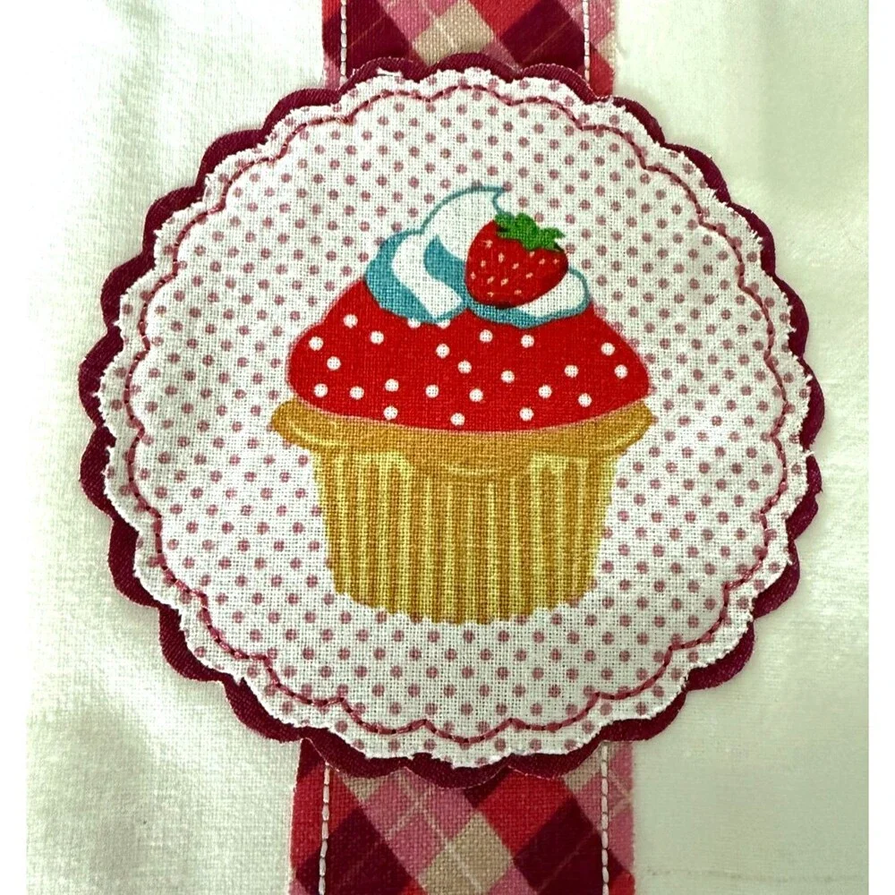 Kitchen Dish Towel White Strawberry Cupcake Flour Sack Applique Plaid Polka Dot